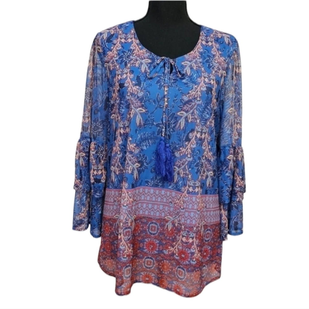 Reba Floral Tiered Sheer Ruffle Sleeve Blouse 97% Polyester 3% Spandex Size M
